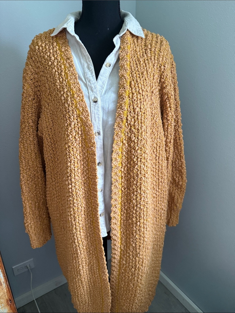 Chunky Open-Front Popcorn Knit Cardigan - Mustard